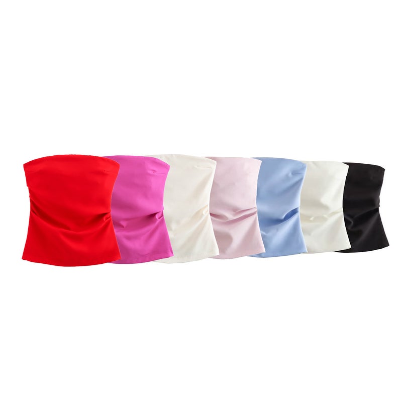 Women'S 2024 Strapless Pleated Solid Color Slim Top - Image 2
