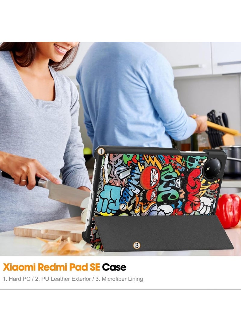 VKL - Flip Case Compatible with Xiaomi Redmi Pad SE 4G 8.7, PU Leather Cover With Stand Function, 360° Protective - Graffiti - Image 1