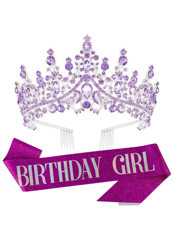 Velscrun Purple Crystal Birthday Tiara Crowns for Women Girls Elegant Princess Crown with Combs Birthday Girl Headband Sash Happy Birthday Party Decorations Birthday Gift Hair Accessories - Image 1