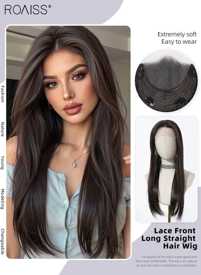 roaiss 6.5*4 Inches Lace Front Shoulder-length Straight Hair Wig, Women's Middle Parting Long Straight Hair Natural Soft Synthetic Heat Resistant Hair Wig for Wedding Cosplay Party Daily Wear, 60.96cm (24 inches) - Image 1