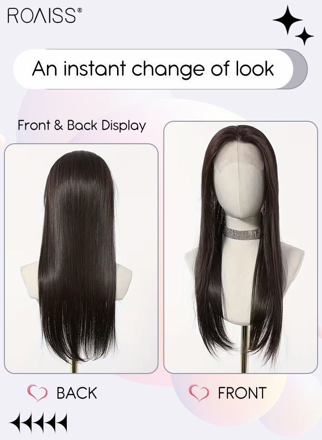 roaiss 6.5*4 Inches Lace Front Shoulder-length Straight Hair Wig, Women's Middle Parting Long Straight Hair Natural Soft Synthetic Heat Resistant Hair Wig for Wedding Cosplay Party Daily Wear, 60.96cm (24 inches) - Image 2