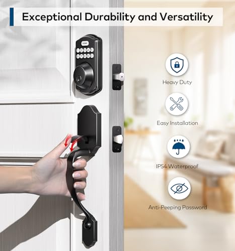 TEEHO Keyless Entry Door Lock Deadbolt with Handle Set, Electronic Digital Smart Locks Set for Front Door with 2 Keys, Easy to Install Keypad Deadbolt, Auto Lock - Matte Black - Image 5