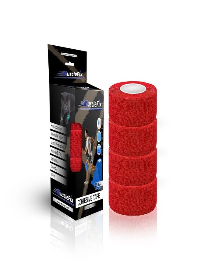 MuscleFix Breathable Self Adhesive Wrap, Athletic, Non Woven Cohesive Bandage – for Sports, First Aid Medical, Wrist, Swelling (2.5 cm, 4.5 mtr) Pack of 4 (Red) - Image 1
