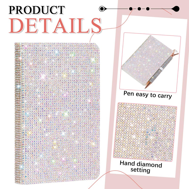 Resholder Rhinestone Notebook Pen Sets Glitter Pocket Notebook Crystal Pens Mini Diamond Journal Hardcover Bling Diary Office Desk Accessories for Women Birthday Gift(Rhinestone,A6,Silver) - Image 3