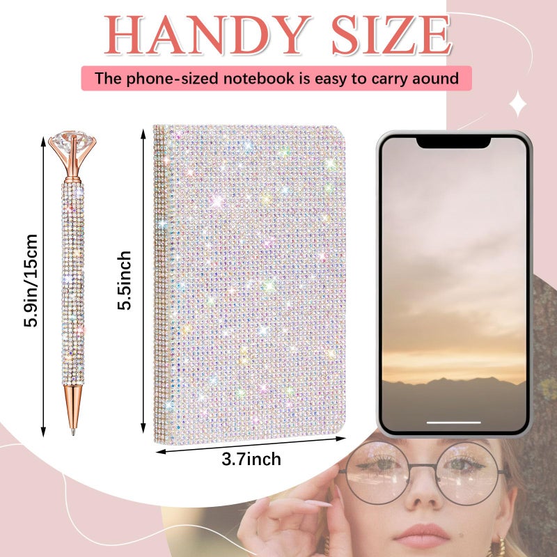 Resholder Rhinestone Notebook Pen Sets Glitter Pocket Notebook Crystal Pens Mini Diamond Journal Hardcover Bling Diary Office Desk Accessories for Women Birthday Gift(Rhinestone,A6,Silver) - Image 2