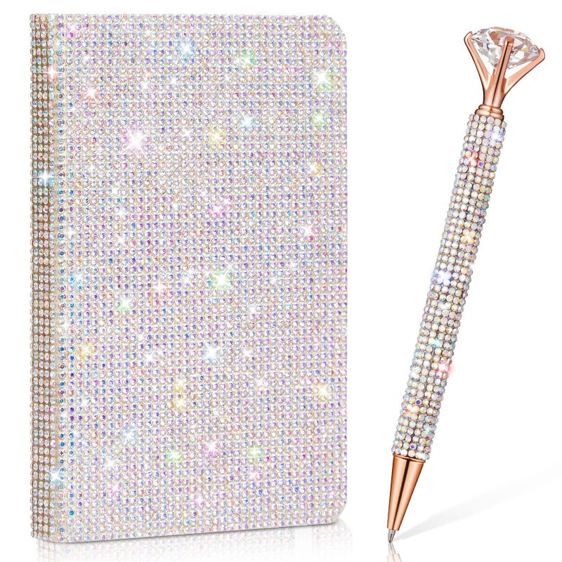 Resholder Rhinestone Notebook Pen Sets Glitter Pocket Notebook Crystal Pens Mini Diamond Journal Hardcover Bling Diary Office Desk Accessories for Women Birthday Gift(Rhinestone,A6,Silver) - Image 1