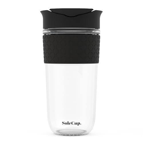 SoleCup. Large Travel Mug - Reusable Glass Coffee Mug - 18oz/530ml BPA-Free Hot Drink Travel Mug with Lid & Silicone Band (Black, 18oz) - Image 1