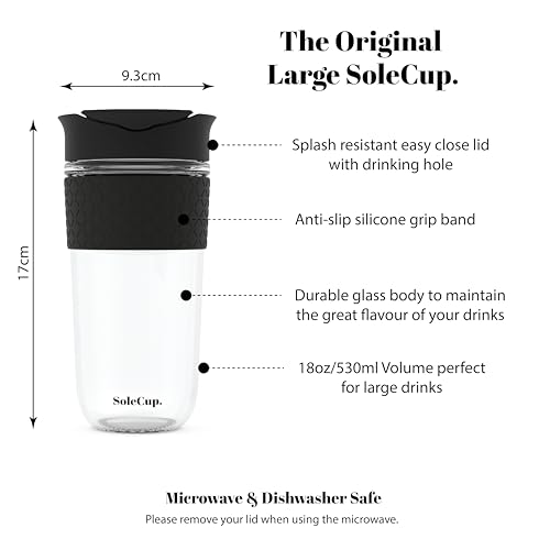 SoleCup. Large Travel Mug - Reusable Glass Coffee Mug - 18oz/530ml BPA-Free Hot Drink Travel Mug with Lid & Silicone Band (Black, 18oz) - Image 2