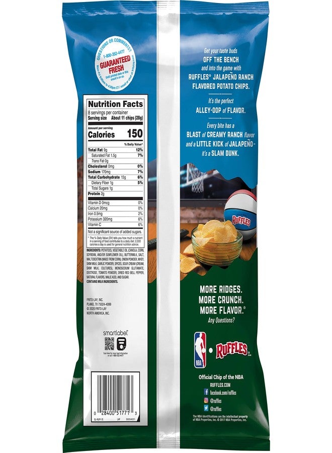 Ruffles Potato Chips, Jalapeno Ranch Flavored Snacks, 8 Oz Bag - Image 2
