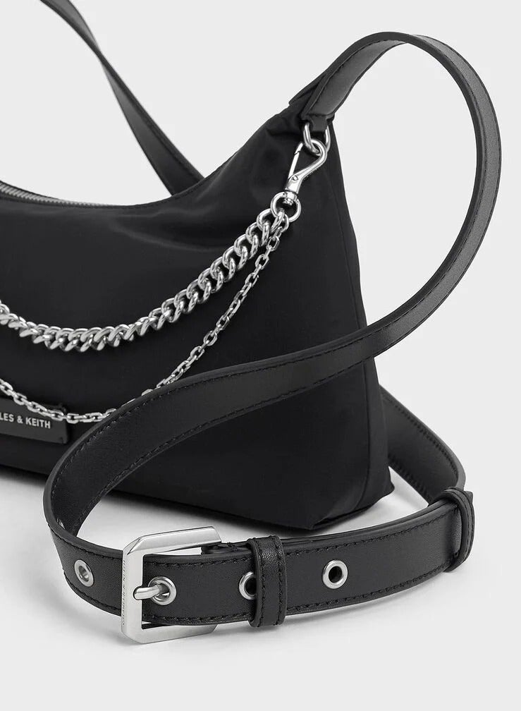 Charles & Keith Charles & Keith Nylon Chain-Link Trapeze Shoulder Bag & Crossbody Bag - Black  - Image 4