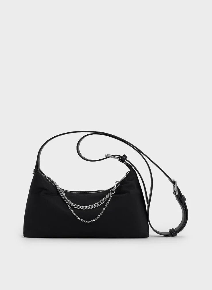 Charles & Keith Charles & Keith Nylon Chain-Link Trapeze Shoulder Bag & Crossbody Bag - Black  - Image 3