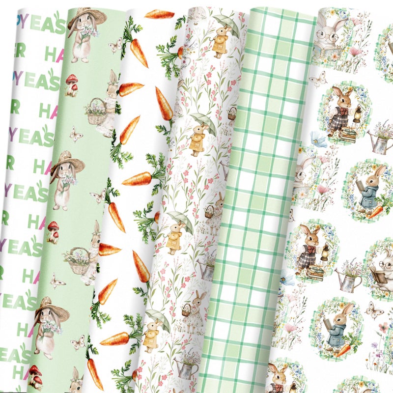 LeZakaa Easter Wrapping Paper Sheets, Bunny Carrot Green Plaid Vintage Gift Wrap for Easter Basket, Kids Birthday, Baby Shower and Spring Celebration, Folded Flat 6 Sheets, 19.7" x 27.5" Per Sheet - Image 1
