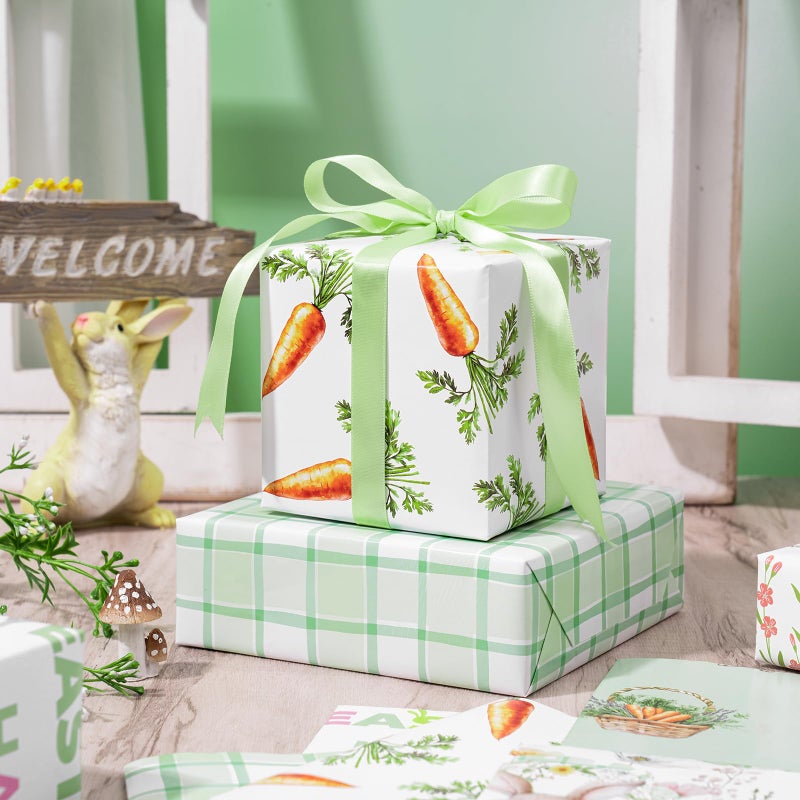 LeZakaa Easter Wrapping Paper Sheets, Bunny Carrot Green Plaid Vintage Gift Wrap for Easter Basket, Kids Birthday, Baby Shower and Spring Celebration, Folded Flat 6 Sheets, 19.7" x 27.5" Per Sheet - Image 5