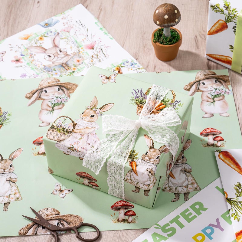 LeZakaa Easter Wrapping Paper Sheets, Bunny Carrot Green Plaid Vintage Gift Wrap for Easter Basket, Kids Birthday, Baby Shower and Spring Celebration, Folded Flat 6 Sheets, 19.7" x 27.5" Per Sheet - Image 2