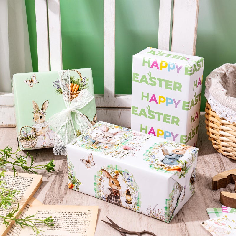 LeZakaa Easter Wrapping Paper Sheets, Bunny Carrot Green Plaid Vintage Gift Wrap for Easter Basket, Kids Birthday, Baby Shower and Spring Celebration, Folded Flat 6 Sheets, 19.7" x 27.5" Per Sheet - Image 3