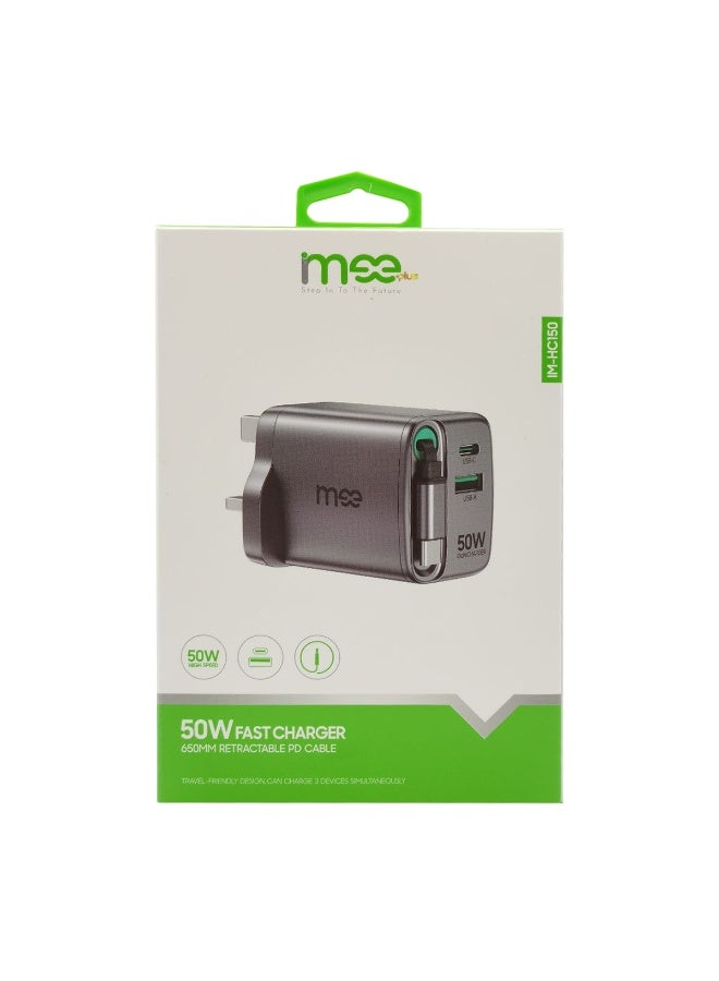 آیمی شاحن IMEE Plus GaN سريع 50 واط IM-HC150 مع كابل PD قابل للسحب بطول 65 سم ومنفذ مزدوج (USB-C + USB-A) وتقنية IC الذكية ومحول سفر عالمي متعدد الحماية لأجهزة iPhone وiPad وMacBook والكمبيوتر المحمول وAndroid وSwitch - Image 2