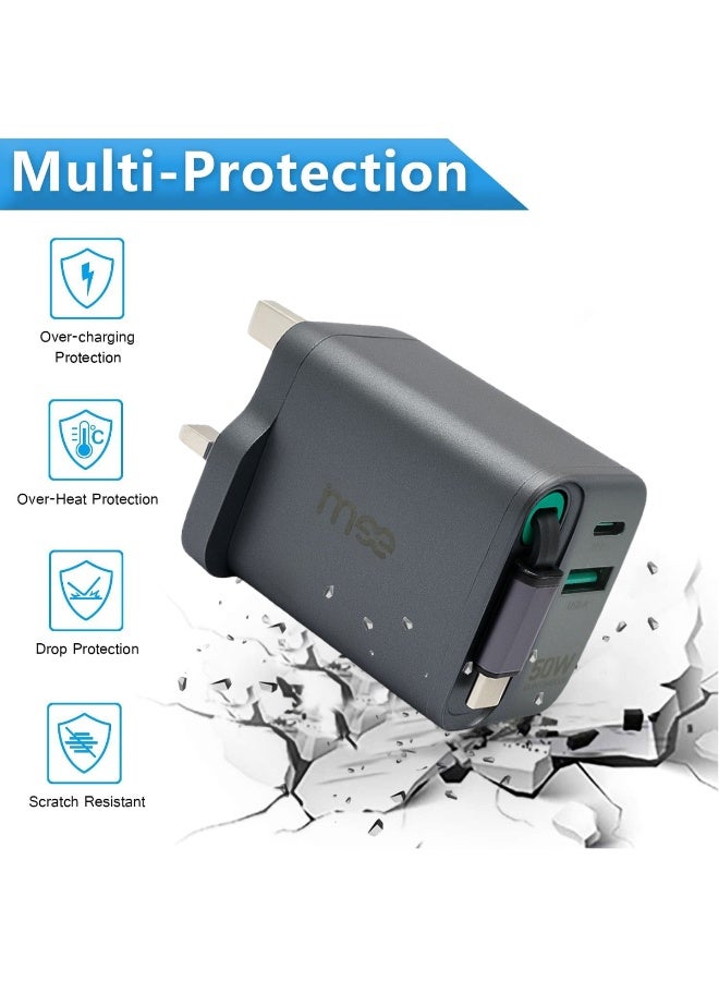 آیمی شاحن IMEE Plus GaN سريع 50 واط IM-HC150 مع كابل PD قابل للسحب بطول 65 سم ومنفذ مزدوج (USB-C + USB-A) وتقنية IC الذكية ومحول سفر عالمي متعدد الحماية لأجهزة iPhone وiPad وMacBook والكمبيوتر المحمول وAndroid وSwitch - Image 4