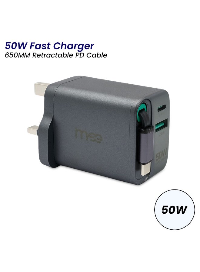 آیمی شاحن IMEE Plus GaN سريع 50 واط IM-HC150 مع كابل PD قابل للسحب بطول 65 سم ومنفذ مزدوج (USB-C + USB-A) وتقنية IC الذكية ومحول سفر عالمي متعدد الحماية لأجهزة iPhone وiPad وMacBook والكمبيوتر المحمول وAndroid وSwitch - Image 5