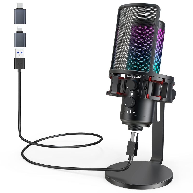 ميكروفون USB من ZealSound لجهاز iPhone و iPad وهاتف PCRGB ميكروفون للألعاب مع فلتر كتم صوت معدني كامل وزيادة للصوت للبودكاست والبث المباشر ويوتيوب والتعليق الصوتي