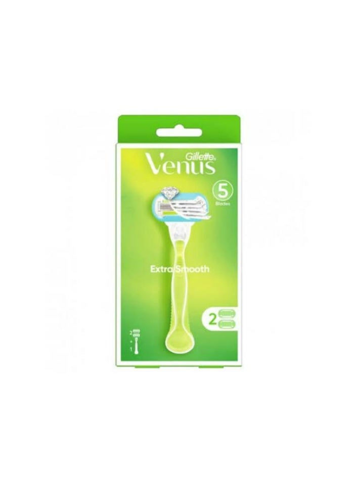 Venus Extra Smooth Women's Razor Handle + 2 Blade Refills Green - Image 1