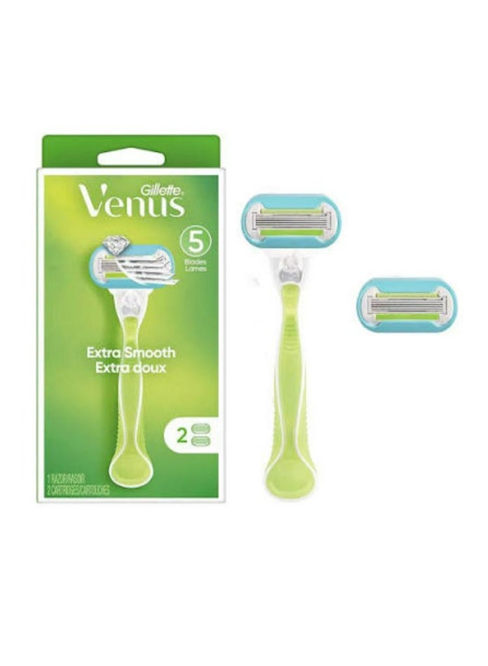 Venus Extra Smooth Women's Razor Handle + 2 Blade Refills Green - Image 2