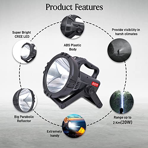 FOS LED Search Light 20W with 2400 mAh Lithium-ION Battery (Range UP to 2 KM.) 2 Modes Rechargeable Handheld Torch - 1 Year Warranty and BIS Certified - Image 3