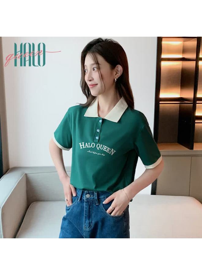 HALOQUEEN Halo Queen Women's Summer Thin Short Sleeve Simple Polo Shirt American Letter Print T-shirt H142t1002 - Image 4