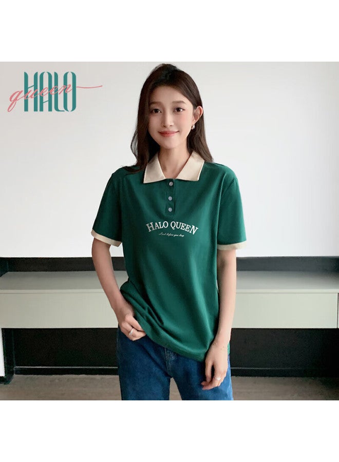 HALOQUEEN Halo Queen Women's Summer Thin Short Sleeve Simple Polo Shirt American Letter Print T-shirt H142t1002 - Image 1