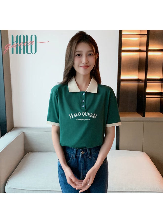 HALOQUEEN Halo Queen Women's Summer Thin Short Sleeve Simple Polo Shirt American Letter Print T-shirt H142t1002 - Image 3