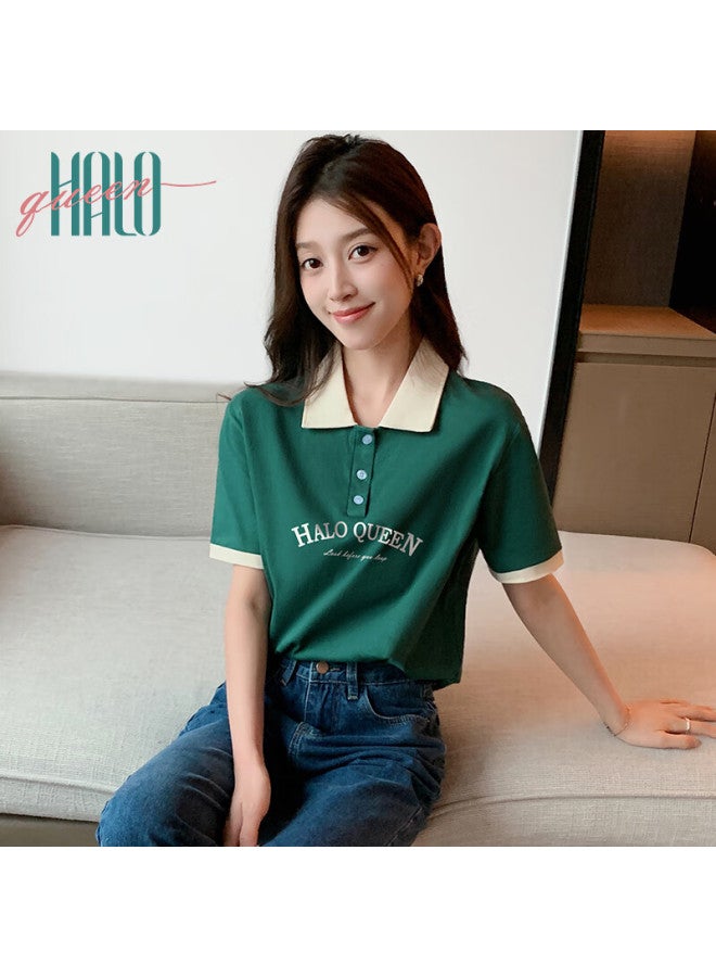 HALOQUEEN Halo Queen Women's Summer Thin Short Sleeve Simple Polo Shirt American Letter Print T-shirt H142t1002 - Image 5