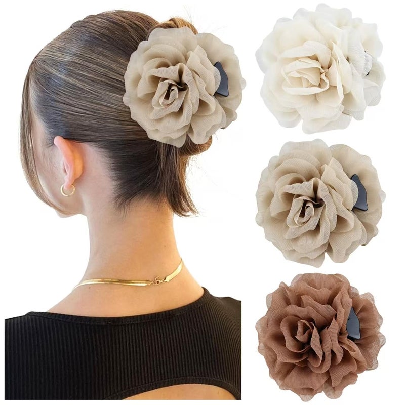 Dizila 3 Pieces Large Tulle Rose Flower Hair Claws Clips Floral Bun Updo Holders Hair Barrettes Headpieces for Women Girls (Ivory+Khaki+Brown) - Image 1