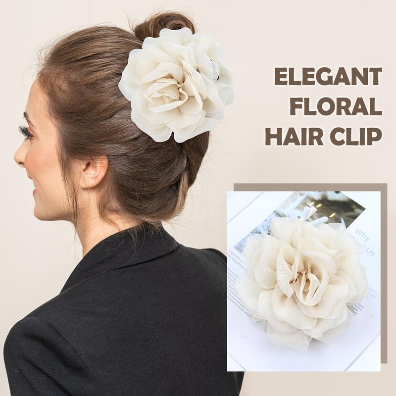 Dizila 3 Pieces Large Tulle Rose Flower Hair Claws Clips Floral Bun Updo Holders Hair Barrettes Headpieces for Women Girls (Ivory+Khaki+Brown) - Image 5