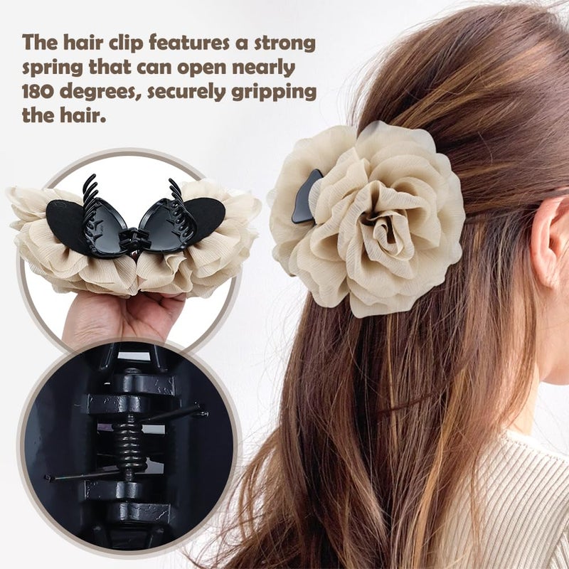 Dizila 3 Pieces Large Tulle Rose Flower Hair Claws Clips Floral Bun Updo Holders Hair Barrettes Headpieces for Women Girls (Ivory+Khaki+Brown) - Image 4