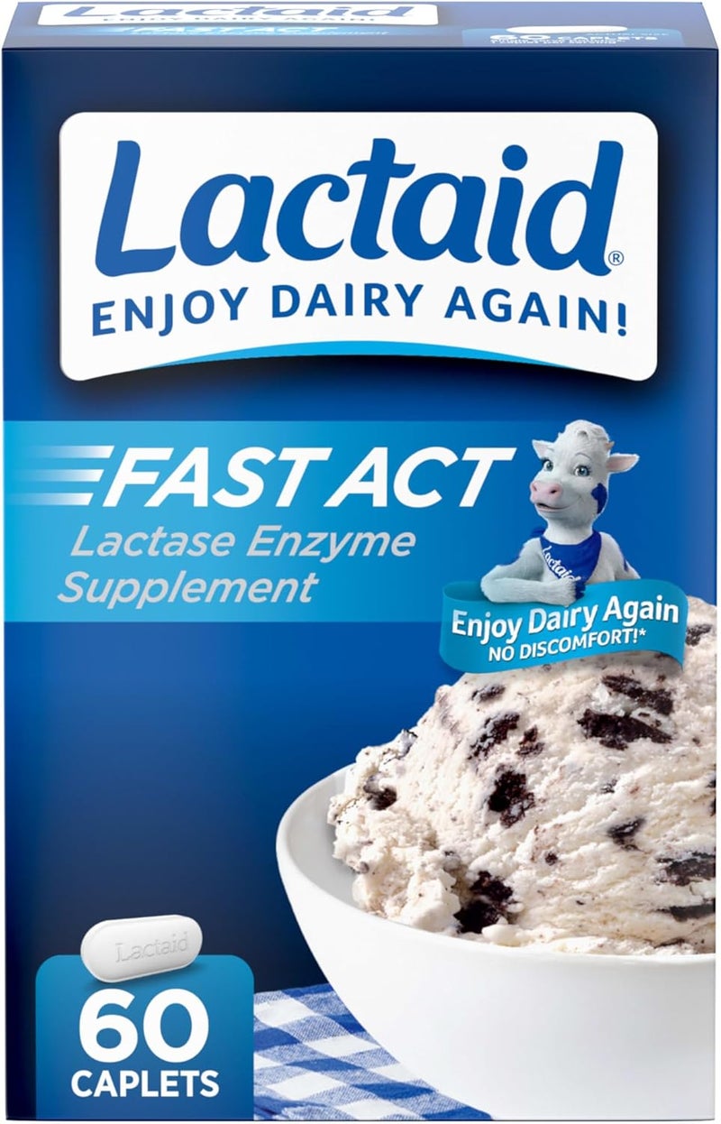 Lactaid Fast Act Lactose Intolerance Relief Caplets, Lactase Enzyme to Prevent Gas, Bloating and Diarrhea Due to Lactose Sensitivity, Single-Serve Supplements for Travel and On-The-Go, 60 Count