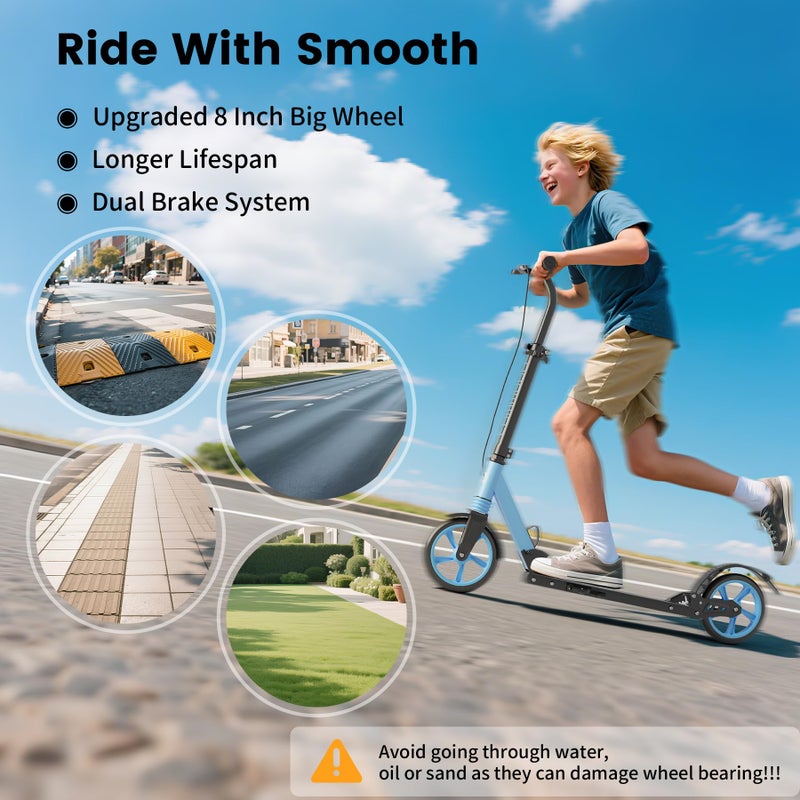 Commugo Kick Scooter with Dual Brakes for Kids Age 8+, Teens, Adults, Dual Suspension Foldable Lightweight Scooter with 8 Inch Big Wheels, Max Load 240 LBS Wide Deck - Image 5