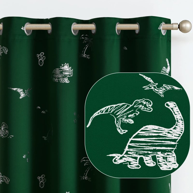 Vangao Vangao Kids Curtains Green Blackout Dinosaur Curtains for Boys Kids Nursery Girls Room Silver Dino Foil Print Thermal Insulated Drapes Grommet Top Window Treatments 84 Inches Length 2 Panels 
