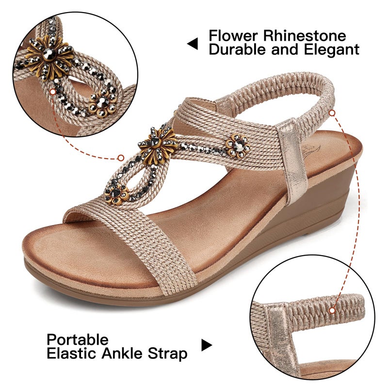 SHIBEVER Womens Wedge Sandals Low Heel Platform Sandals Dressy Elastic Ankle Strap Dress Beach Fashion Sandals Summer Comfortable Shoes Champagne Size 7 - Image 4