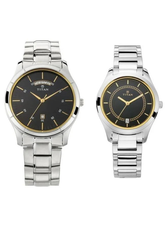 TITAN Bandhan Quartz Analog with Day & Date Blue Dial Silver Stainless Steel Strap Couple Watch - 17672596SM01