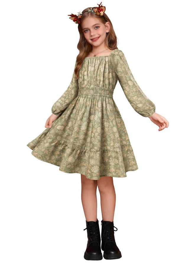 GRACE KARIN Girls Fall Dress Floral Long Sleeve Midi with Smocked Waist for Holiday Party 6-14Y, Peachy Sage Floral, 12 Years - Image 3