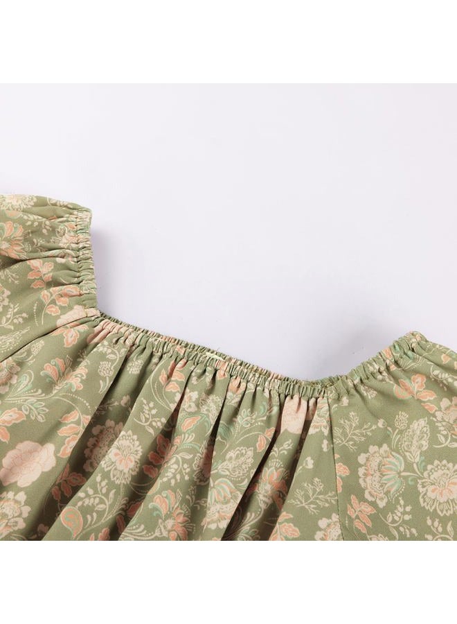 GRACE KARIN Girls Fall Dress Floral Long Sleeve Midi with Smocked Waist for Holiday Party 6-14Y, Peachy Sage Floral, 12 Years - Image 5