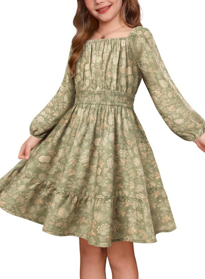 GRACE KARIN Girls Fall Dress Floral Long Sleeve Midi with Smocked Waist for Holiday Party 6-14Y, Peachy Sage Floral, 12 Years - Image 1