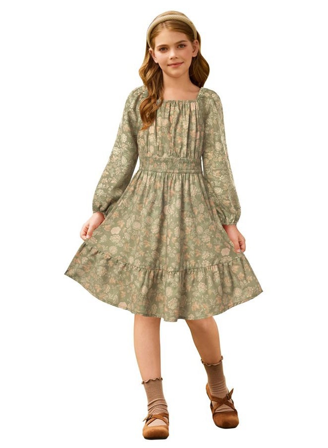 GRACE KARIN Girls Fall Dress Floral Long Sleeve Midi with Smocked Waist for Holiday Party 6-14Y, Peachy Sage Floral, 12 Years - Image 2