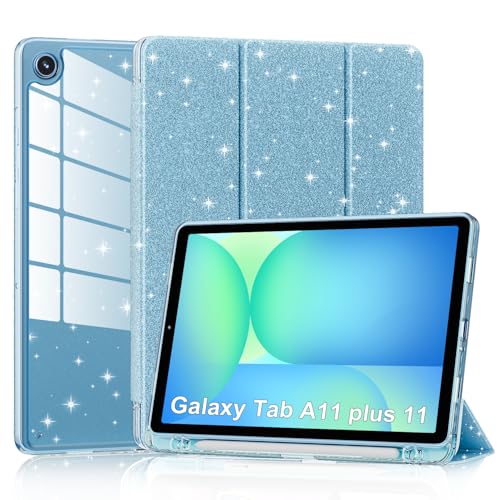 Lainergie Case for Samsung Galaxy Tab A11+/A9+ Plus 11 Inch 2026/2023, Cute Glittering Sparkly Shockproof Cover with Sparkly Crystal Clear Back and Pencil Holder for Galaxy Tab A11+/A9+, Blue - Image 1