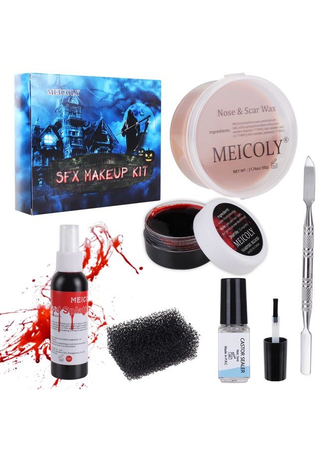 MEICOLY SFX Makeup Kit Scars Wax Halloween Special Effects Stage Fake Wound Modeling Skin Wax(1.67Oz) with Spatula, Black Stipple Sponge, Coagulated Blood Gel(1.06Oz),5ml Castor Sealer,01 - Image 1