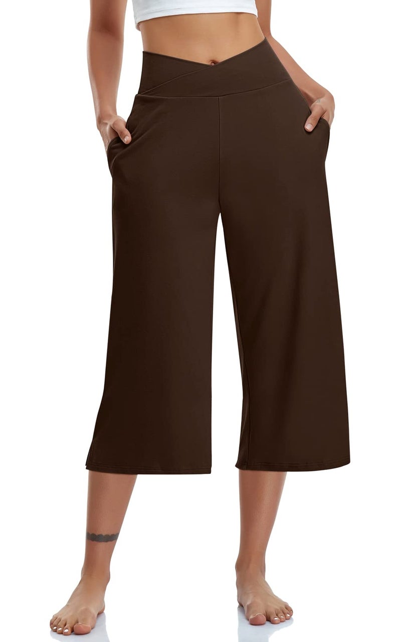 TARSE Womens Casual Wide Leg Yoga Capris Petite Crossover High Waist Capri Pants Loose Soft Pajama Pockets Sweatpants(Brown,S) - Image 1