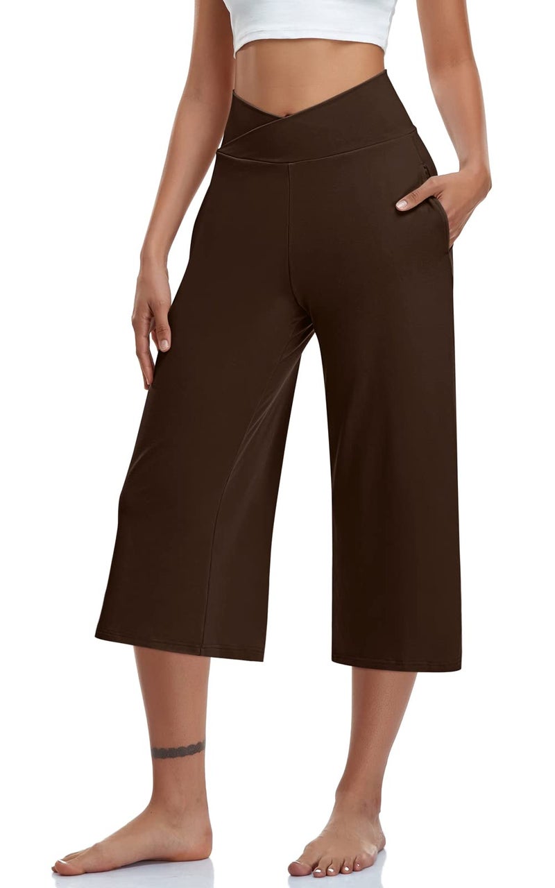 TARSE Womens Casual Wide Leg Yoga Capris Petite Crossover High Waist Capri Pants Loose Soft Pajama Pockets Sweatpants(Brown,S) - Image 2
