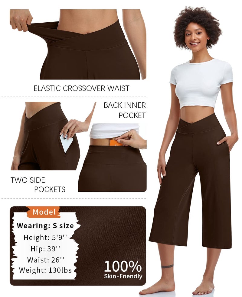 TARSE Womens Casual Wide Leg Yoga Capris Petite Crossover High Waist Capri Pants Loose Soft Pajama Pockets Sweatpants(Brown,S) - Image 4