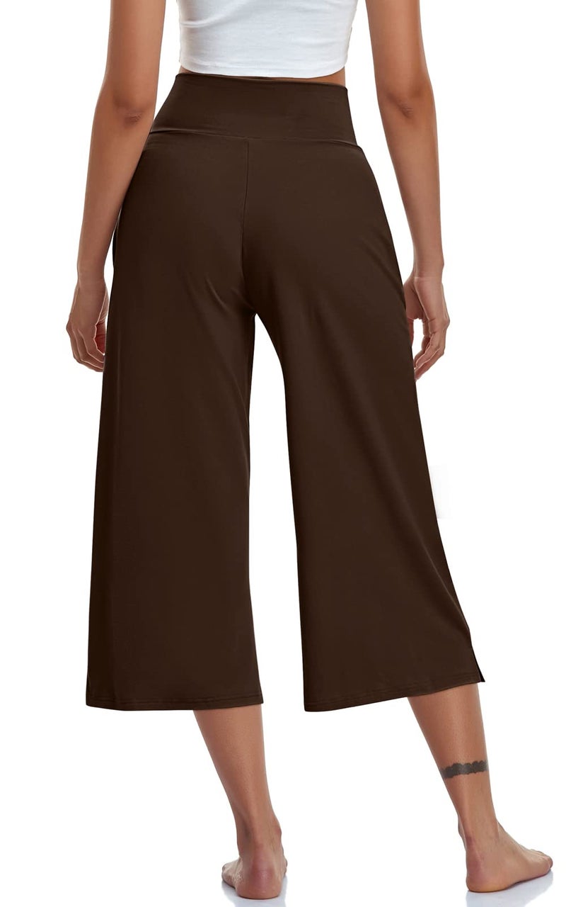 TARSE Womens Casual Wide Leg Yoga Capris Petite Crossover High Waist Capri Pants Loose Soft Pajama Pockets Sweatpants(Brown,S) - Image 3