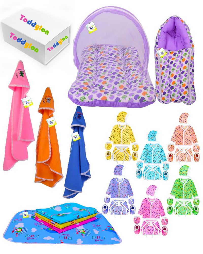 Toddylon 33 in 1 Baby Products All New Born Complete Daily Items | Gift Combos | Essentials Items | Hospital Kit | Baby Bedding | Clothing Set (Purple, 0-6 Months) - Image 1