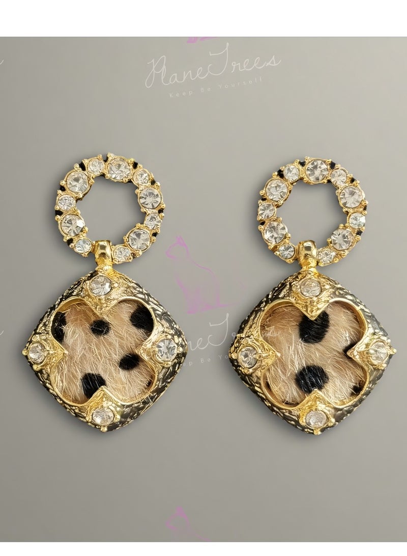 PLANE TREES Leopard Pattern Drop Earrings – Faux Fur & Crystal Embellished Gold Hoop Design – Bold Statement Jewelry for Women - Image 1